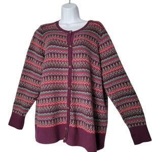 LL Bean Fair Isle Cardigan Sweater Women’s LP  Purple Multicolor Cotton Cashmere